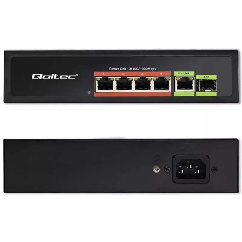 Ethernet PoE komutatorius QOLTEC 52296 — 4x RJ45 PoE prievadai, 1x RJ45 aukštyninė jungtis