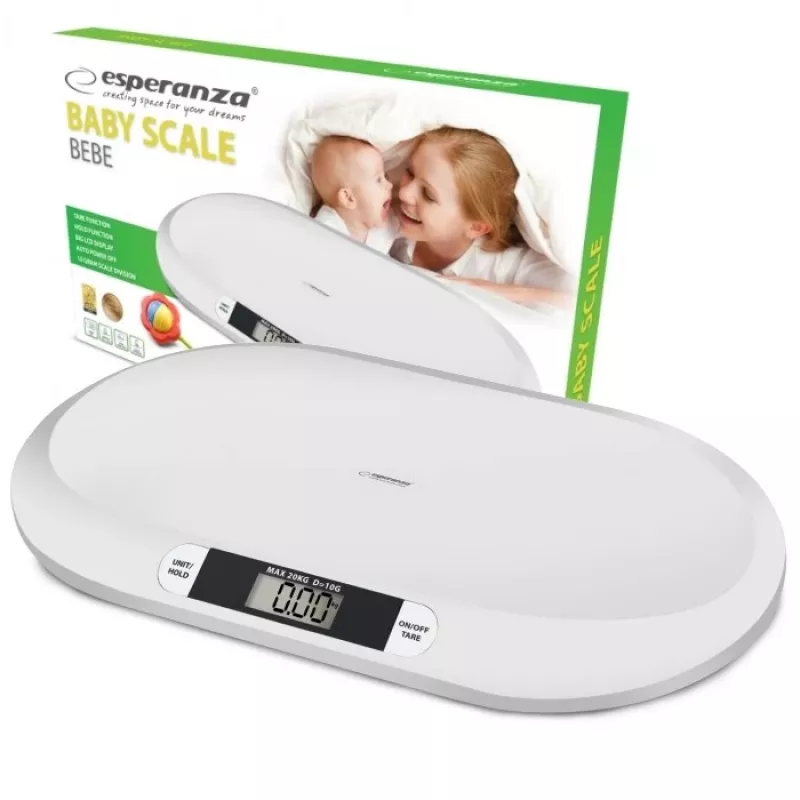 Elektroninės kūdikių svarstyklės ESPERANZA EBS019 — talpa 0,03–20 kg, 0,01 kg padala, didelis 60×25 mm LCD, balta
