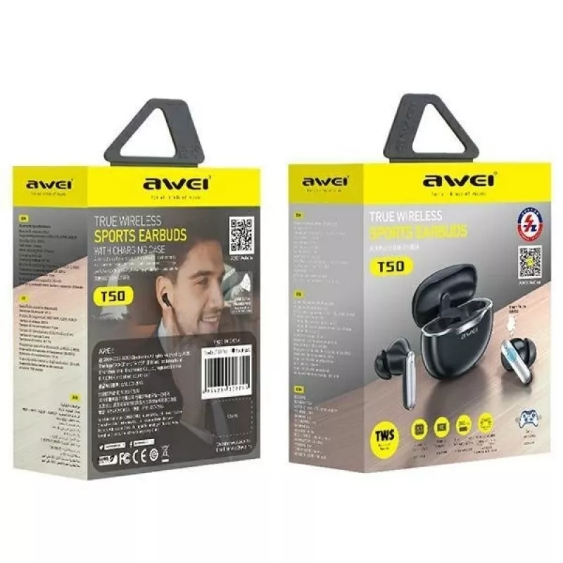 Awei ausinės Bluetooth 5.3 T50 TWS įkrovimo dėklas / juodos