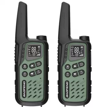 Nešiojama racija Baofeng BF-T25E — 16 kanalų, 2×1400 mAh Li‑Ion, VOX, LCD, žalia, 2 vnt. rinkinys