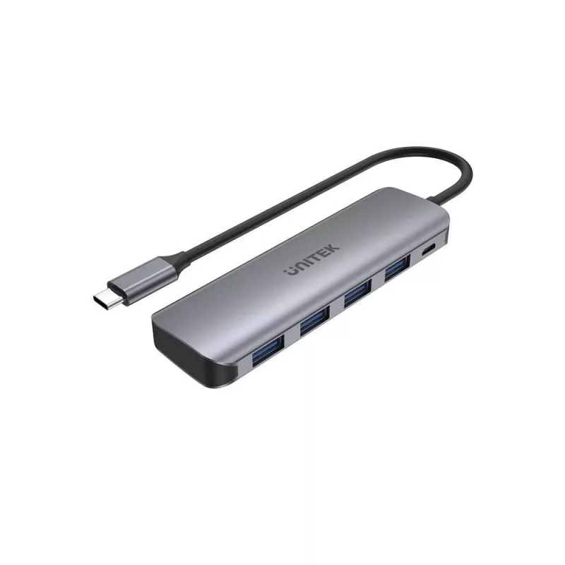 USB šakotuvas Unitek P5+ — 5 prievadai (4 × USB 3.2 Gen 2 Type-A), USB 3.2 Gen 1 šeimininkas, 5 Gbit/s, 10 W PD, aliuminis, pilka