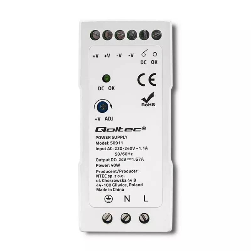Qoltec Din Rail maitinimo šaltinis | 40W | 24V | 1.67A | Balta | plonas