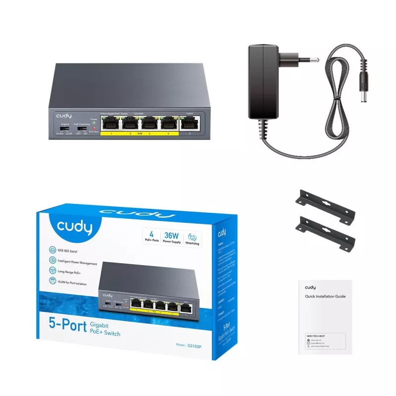 CUDY GS105P 5 prievadų gigabitinio PoE+ komutatoriaus 36W
