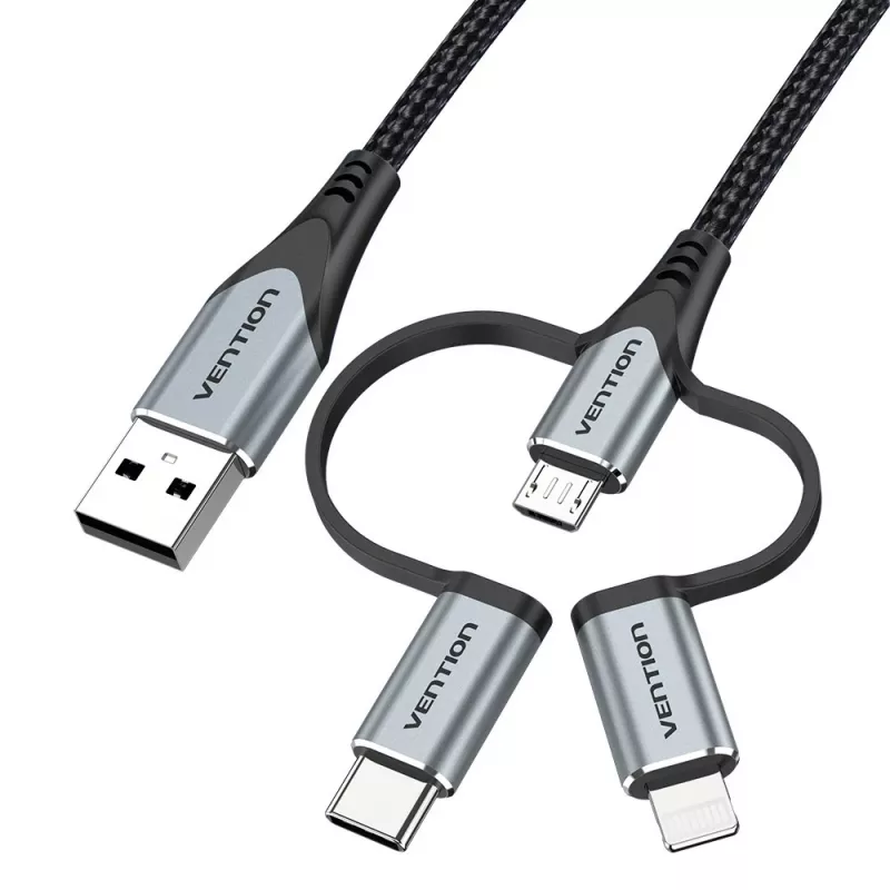 Vention USB 2.0 A kištukas į 3-in-1 Micro-B&USB-C&Lightning kištuką laidas 1M pilkas aliuminio lydinio tipo