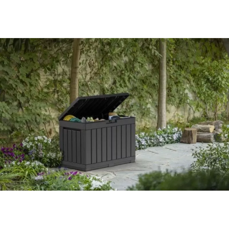Lauko sandėliavimo dėžė Keter Kentwood 190L — 190 litrų, grafito spalvos, atverčiamas dangtis, 823×457×577 mm