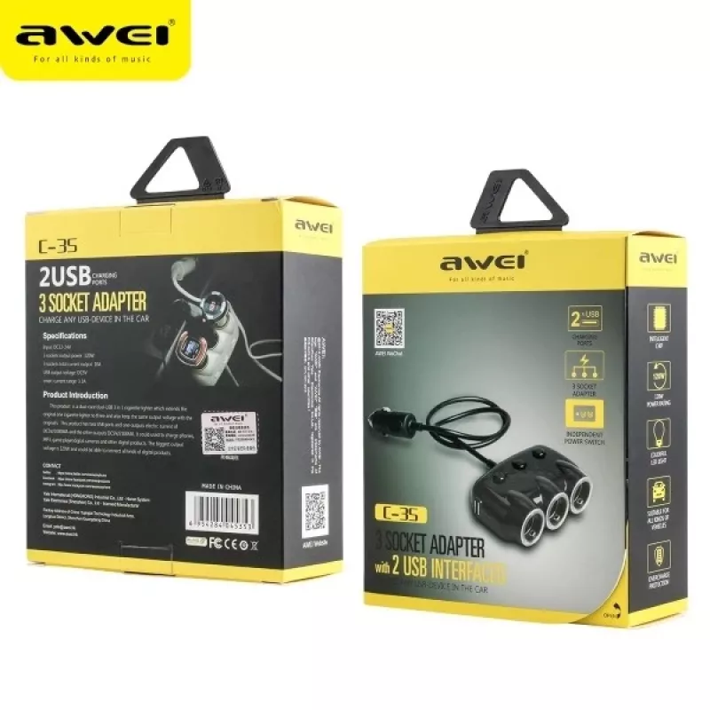 Automobilinio cigarečių degiklio adapteris Awei C-35 12V ir 24V maitinimo lizdams