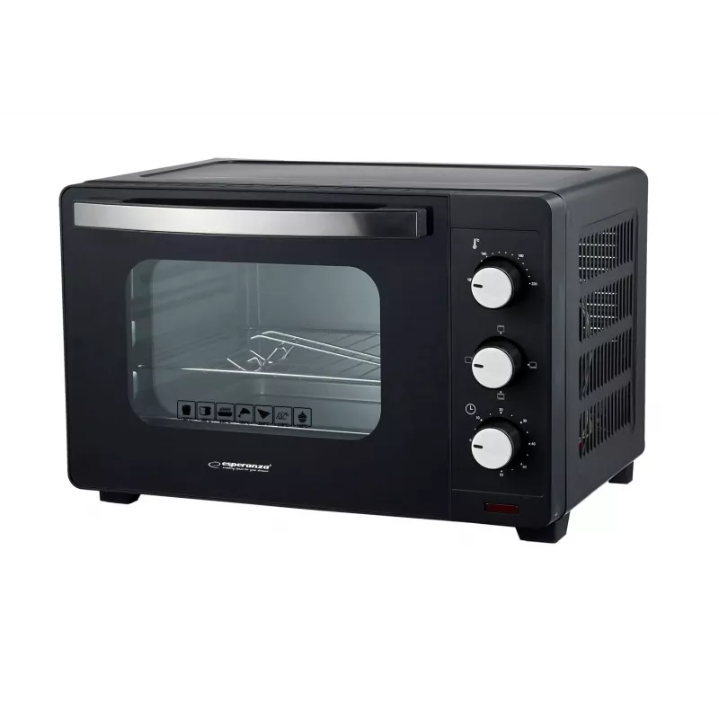 Mini krosnelė ESPERANZA EKO008N — 20 l, 1280–1300 W, iki 230 °C, 60 min mechaninis laikmatis, sukamosios rankenėlės, stiklinės durelės, pastatoma