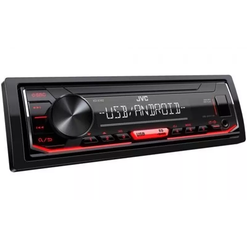 Automobilinis skaitmeninės medijos imtuvas JVC KD-X162 1 DIN, 200 W, 24 bitų DAC, FLAC/MP3/WAV/WMA, priekinis USB Type-A, 3,5 mm, LCD 2 eilučių, juodas