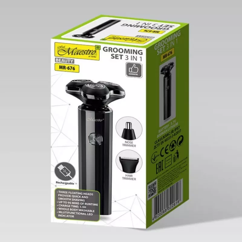 Skutimosi rinkinys Maestro MR-676 3-in-1 USB įkraunamas kompaktiško dizaino