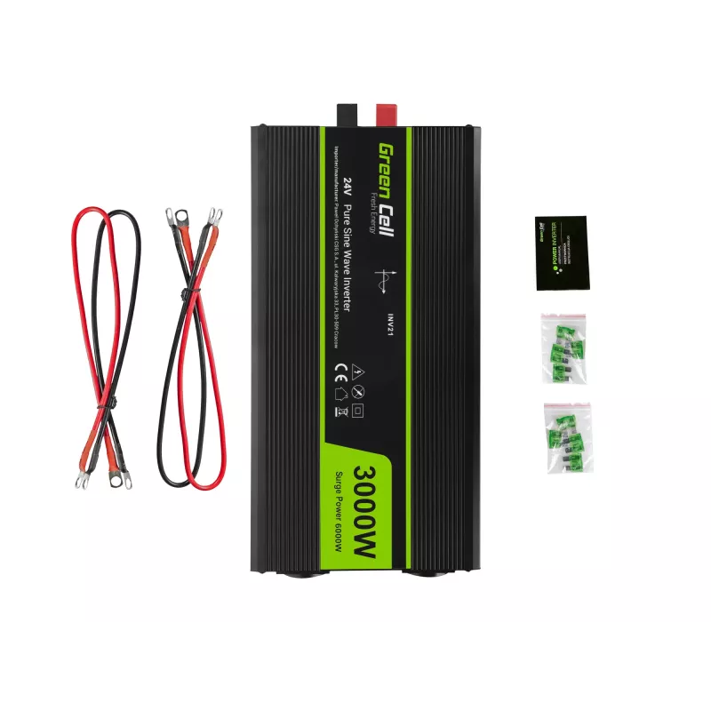 Automobilinis inverteris Green Cell INV21 6000 W, 24V nuolatinės srovės į kintamąją, 230V išvestis, 2x USB PD, aktyvus aušinimas, nuimamos nuolatinės srovės jungtys, juoda