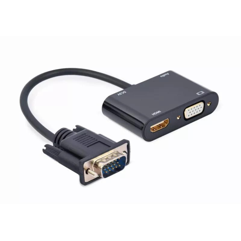 Vaizdo kabelio adapteris GEMBIRD A-VGA-HDMI-02 0,15 m — HDMI + VGA (D-Sub) jungtis (moteriška) į VGA (D-Sub) jungtį (vyriška), juoda