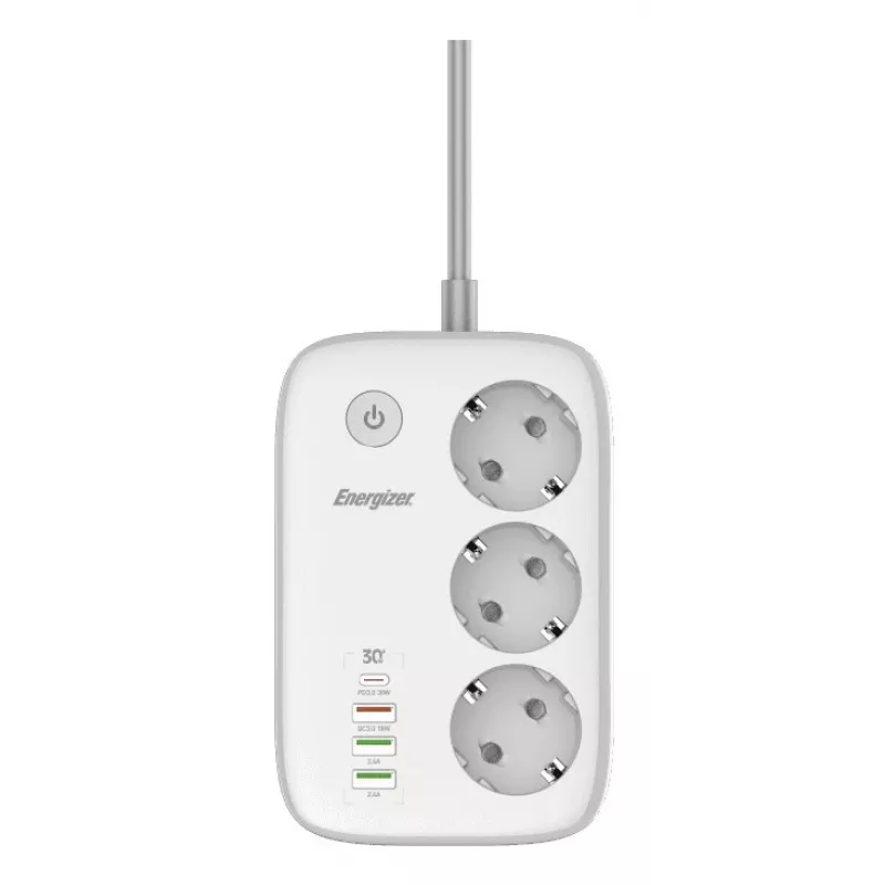 Maitinimo ilgintuvas Energizer EPB2500W02EU — 3 kintamosios srovės lizdai, 2 m laidas, 2500 W, vidaus, baltas