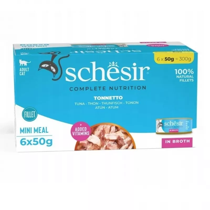 SCHESIR tunas virimo vandenyje – šlapias kačių ėdalas – 6 x 50 g