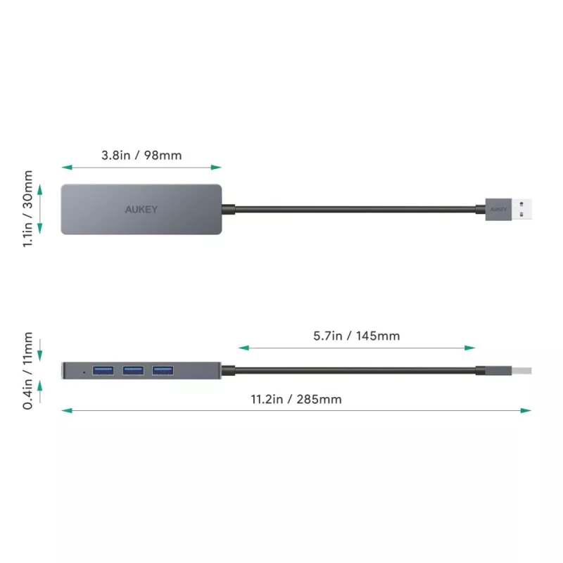 USB šakotuvas Aukey CB-H36 — 4 prievadų USB 3.2 Gen 1 Type-A, prieglobos USB 2.0, 5000 Mbit/s, aliuminis sidabrinis