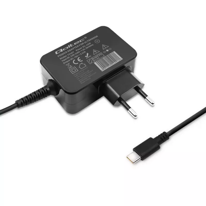 Mobiliojo įrenginio įkroviklis QOLTEC 51024 — Universalus kintamosios srovės patalpų įkroviklis, 65W PD, 20V/3.25A, 1.2 m laidas, juoda