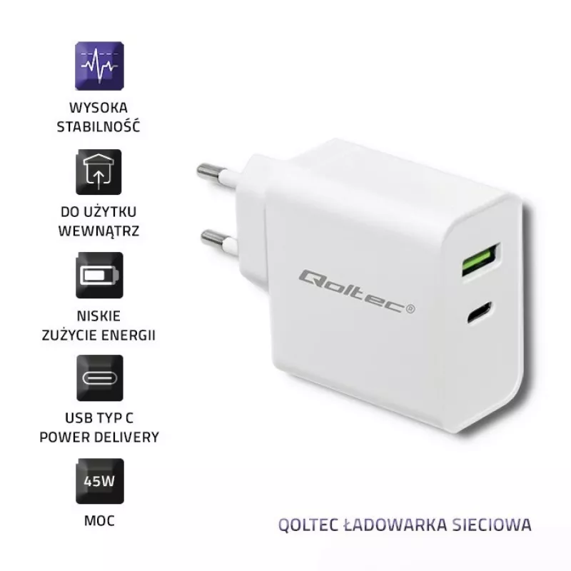 Qoltec 51718 įkroviklis | 45W | 5-20V | 2.4-3A | USB type C PD | USB | Balta