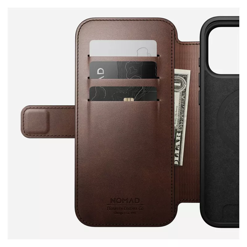 Nomad Modern Leather Folio mobiliojo telefono dėklas iPhone 17 Pro Max — ruda, oda, 6,3 colio ekranas, 4 kortelių kišenės