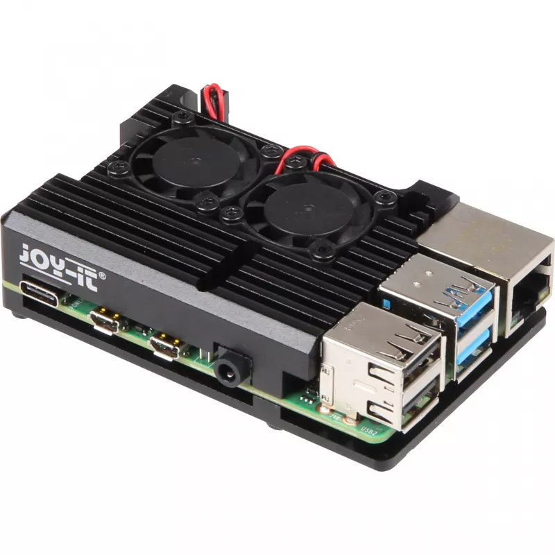 JOY-IT RPI CASE ALU07F - Korpusas Raspberry Pi 4, aliuminis, ventiliatorius, juodas (RB-ALUCASEP4+07FAN)