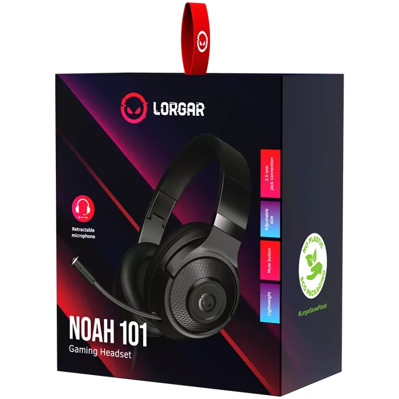 LORGAR Noah 101, žaidimų ausinės su mikrofonu, 3,5 mm lizdo jungtis, kabelio ilgis 2 m, sulankstomas dizainas, PU odos ausų pagalvėlės, dydis: 185*195*80 mm, 0,245 kg, juoda