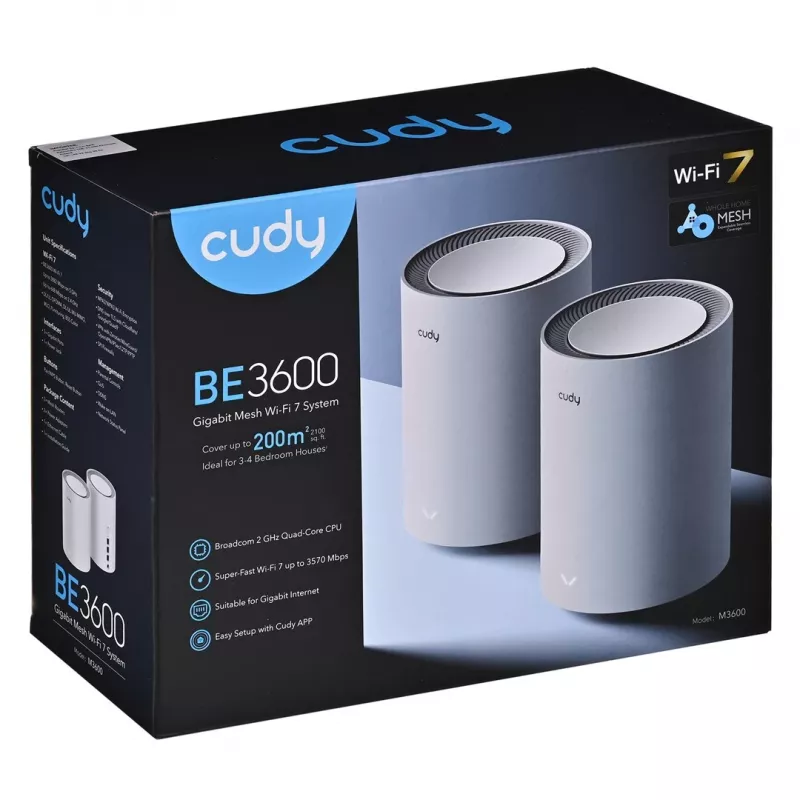 Tinklinė sistema Cudy M3600 Dviejų dažnių juostų Wi‑Fi 7 2882 Mbit/s, 2 vnt., 4 antenos, 3x LAN, 512 MB RAM, 2 GHz procesorius