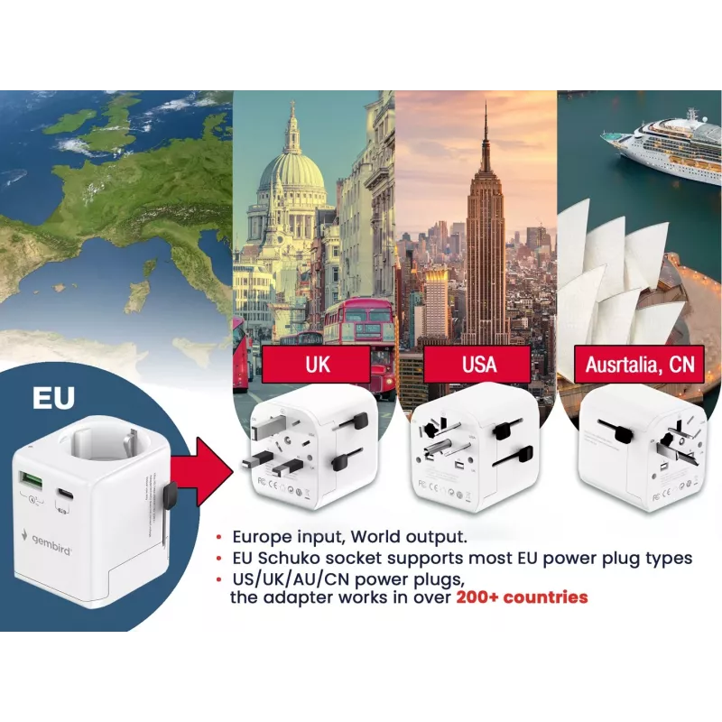 Kelioninis maitinimo adapteris GEMBIRD TPA-EU1A1C20-01-W 20W, USB-A 18W + USB-C 20W, Schuko lizdas, įėjimas 100–250V