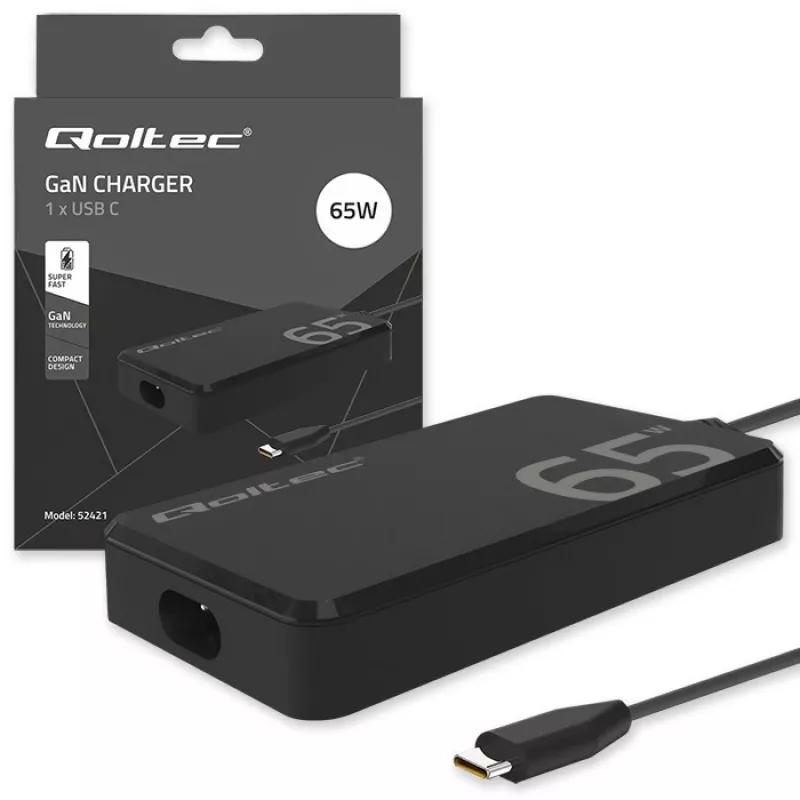QOLTEC įkroviklis 65W GaN Super Fast plonas PD 5-20V 3.25A USB-C