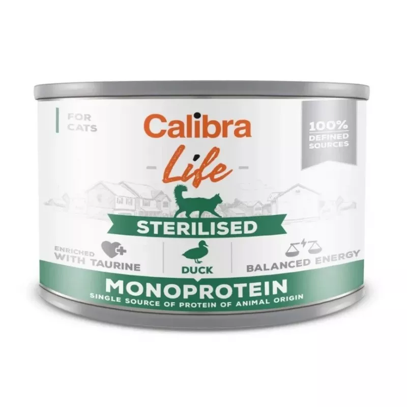 Šlapias kačių ėdalas Calibra Cat Life Sterilised Duck 200 g — šlapias paštetas sterilizuotoms suaugusioms katėms, vieno baltymo
