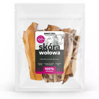 Šunų skanėstai UNISZKI Beef Skin 100 g — natūralūs jautienos odos dantų kramtukai, 100 g pakelis, baltymai 65%