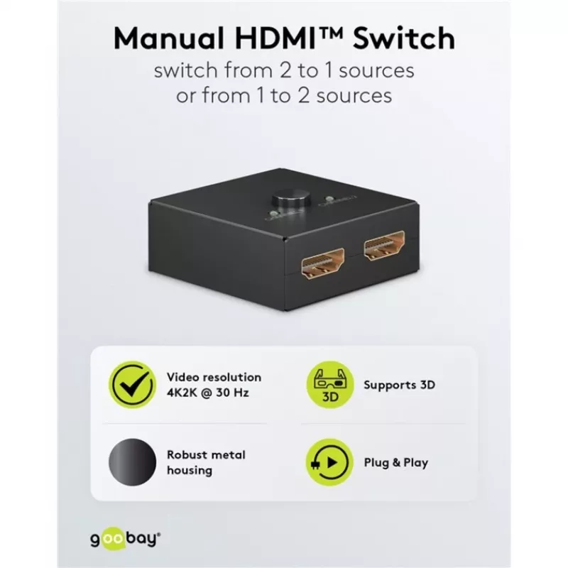 HDMI komutatorius Goobay 58485, 1 įvestis, 1 išvestis, 52 mm x 49,5 mm x 22,5 mm