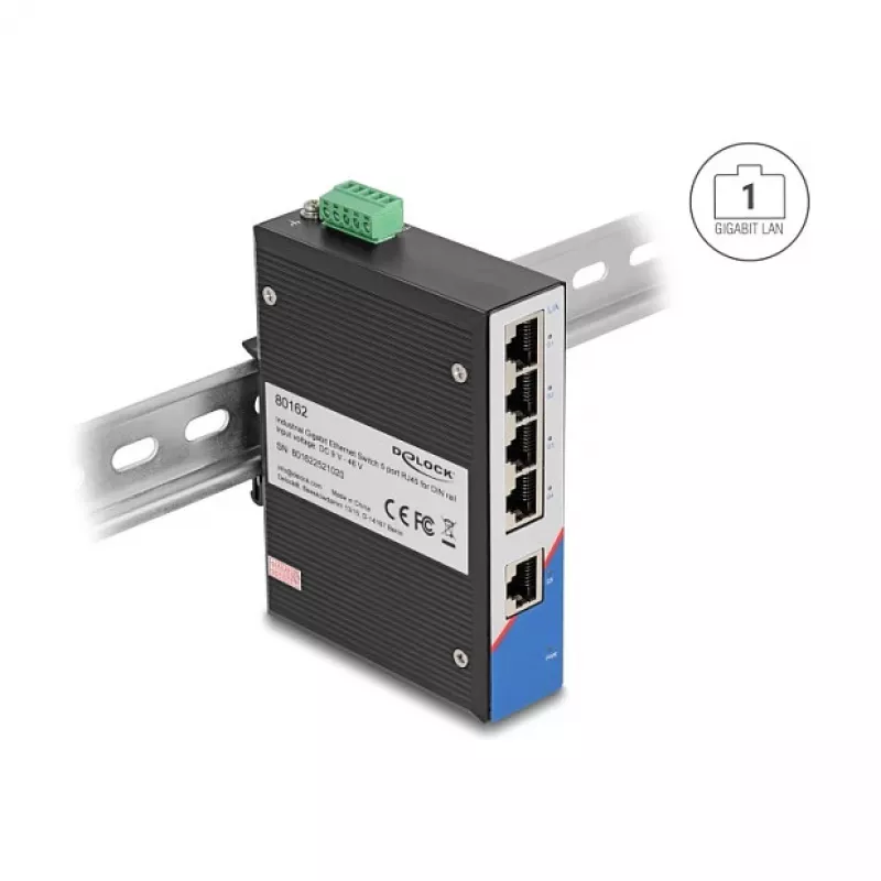 Ethernet Switch DELOCK 80162 — 5 prievadų Gigabit RJ45 skirtas DIN bėgiui
