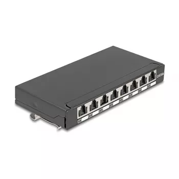 Patch panel DELOCK Mini Desktop RJ45 8 prievadų Cat.6A ekranuotas juodas stalui, sienai ar DIN bėgiui