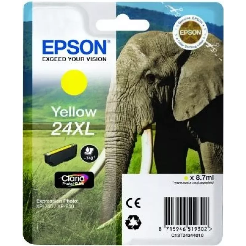 Epson Elephant Singlepack Geltona 24XL Claria Photo HD Ink, Geltonas, Pigmentinis rašalas, 1 vnt.