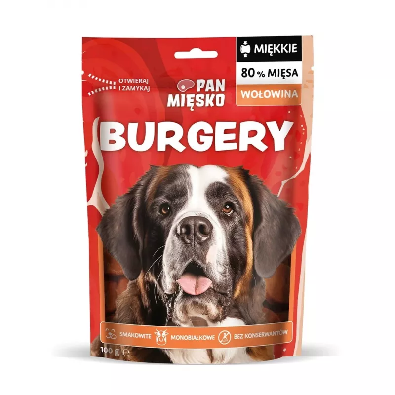 Pan Mięsko jautienos burgers suaugusiems šunims 100 g — vieno ingrediento hipoalerginis jautienos užkandis suaugusiems šunims