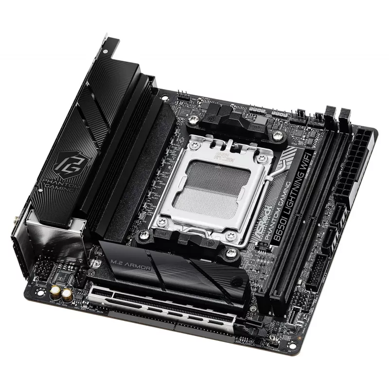 Mini-ITX pagrindinė plokštė ASRock B650I Lightning WiFi — AMD B650, Socket AM5, DDR5, 2 DIMM (iki 96 GB), Wi‑Fi 6E, 2.5Gb LAN