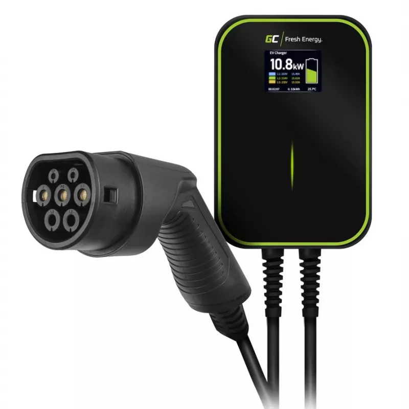 Elektrinio automobilio įkrovimo stotelė Green Cell EV14 22 kW juoda aliuminė, skirta montuoti ant sienos