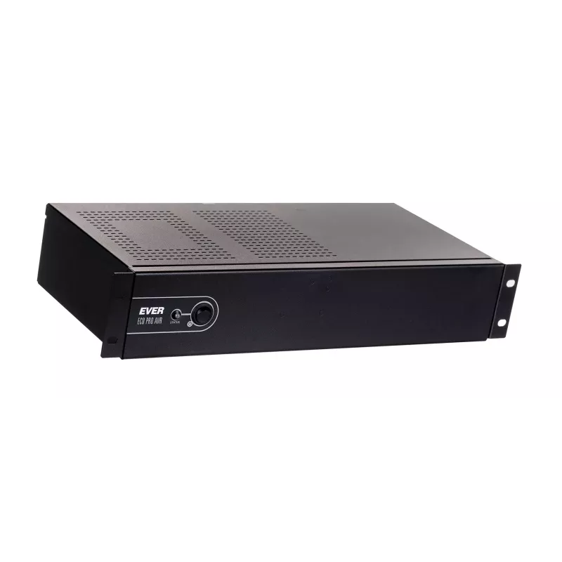 Į stovą montuojamas linijinės sąveikos UPS EVER ECO Pro 1200 AVR CDS, 1,2 kVA (650 W išvestis), 2U, 3× C13, USB-B, AVR, VRLA 12 V 5 Ah ×2