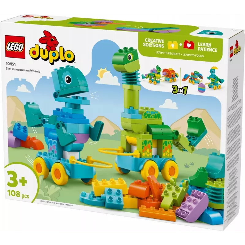 Konstrukcinis žaislas LEGO DUPLO 10451 Dinozaurai ant ratų, „3 viename“ rinkinys, 108 dalys, amžius 3+, aukštis 220 mm
