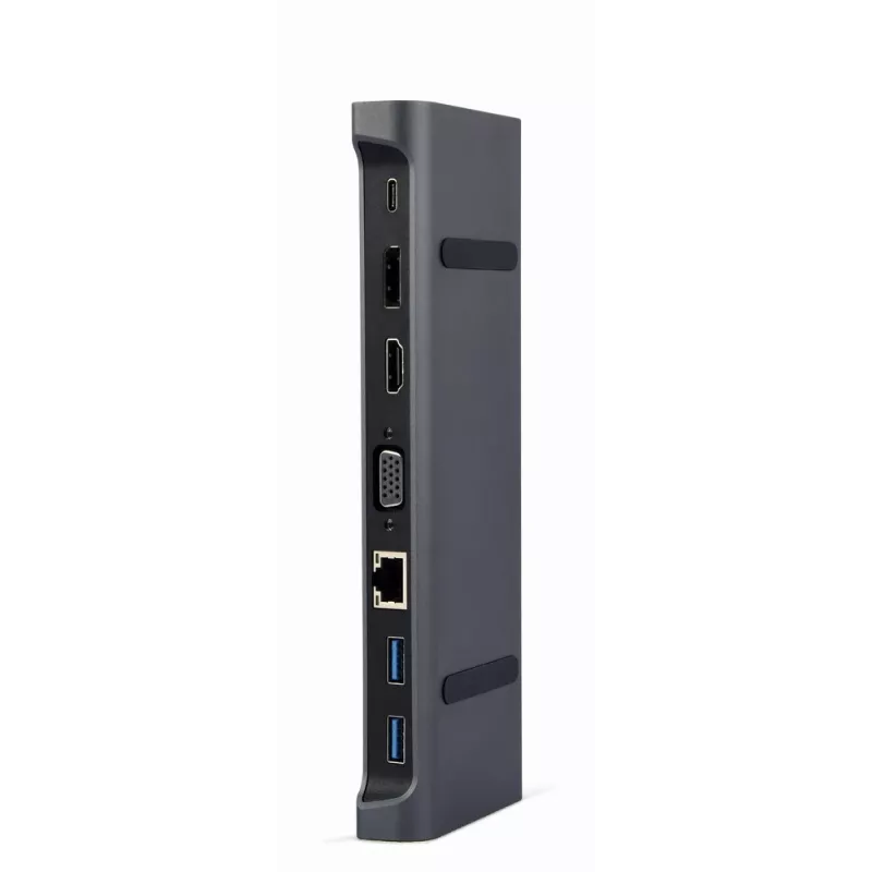 Nešiojamojo kompiuterio dokas Gembird A-CM-COMBO9-02 USB 3.2 Gen 1 Type-C, HDMI, VGA, 3×USB-A, Gigabit Ethernet, 87W PD, Pilka