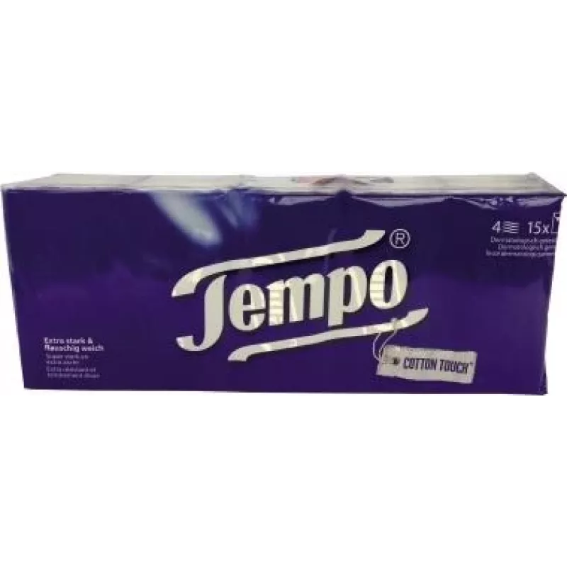 Tempo Classic 4 sluoksnių kišeninės nosinės, baltos, 15 x 10 vnt.