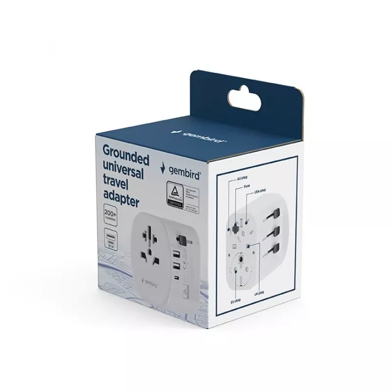 Keliautojo adapteris GEMBIRD TPA-EU2A1C15-01-W — 15 W, E tipo kištukas, 2× USB-A + 1× USB-C, 100–250 V