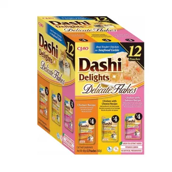 Šlapias kačių maistas INABA Dashi Delights Subtilūs dribsniai Vištienos mišinys, 12 x 40 g, 86 % drėgmės, 12 % baltymų, be grūdų ir glitimo