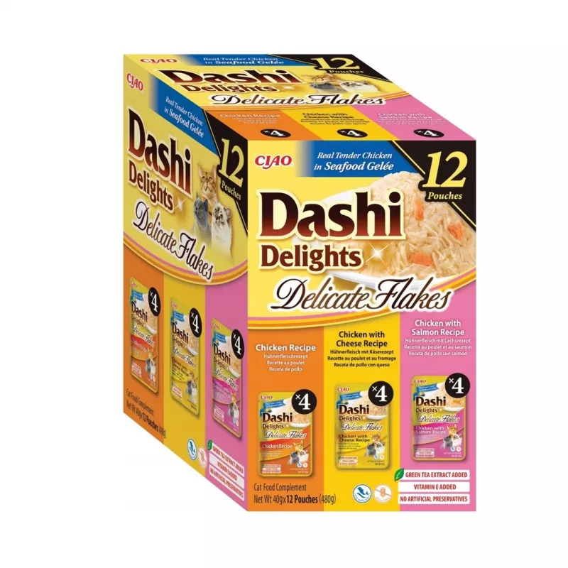 Šlapias kačių maistas INABA Dashi Delights Subtilūs dribsniai Vištienos mišinys, 12 x 40 g, 86 % drėgmės, 12 % baltymų, be grūdų ir glitimo