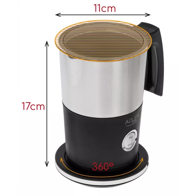 Automatinis pieno putotuvas Adler AD 4497 — nerūdijantis plienas, 600W, putos 120 ml / šildymas 300 ml, karštas ir šaltas