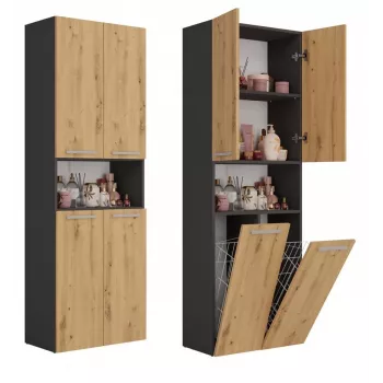Vonios spintelė Top e Shop NEL 2K DK ANT/ART KP — Grafitas/Ąžuolas, laisvai pastatoma, 600×300×1740 mm, 3 lentynos