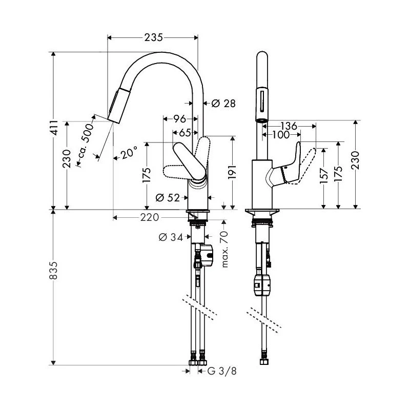 Hansgrohe Focus M41 Vienos svirties virtuvės maišytuvas 240, ištraukiamas purkštuvas, 2jet 31815000