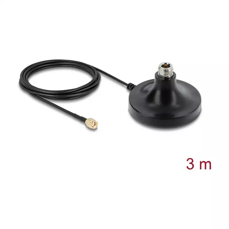 Antenos magnetinis pagrindas DELOCK ULA100 — 1×N lizdas į 1×RP‑SMA kištuką, 3 m laidas, lauko, juodas