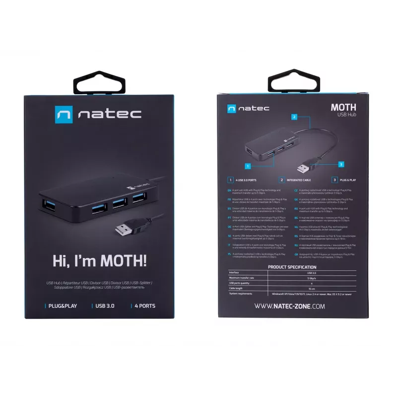 USB šakotuvas NATEC Moth 4 prievadų USB 3.2 Gen 1 Type-A (5000 Mbit/s), maitinamas per USB, juodas, 0,15 m laidas