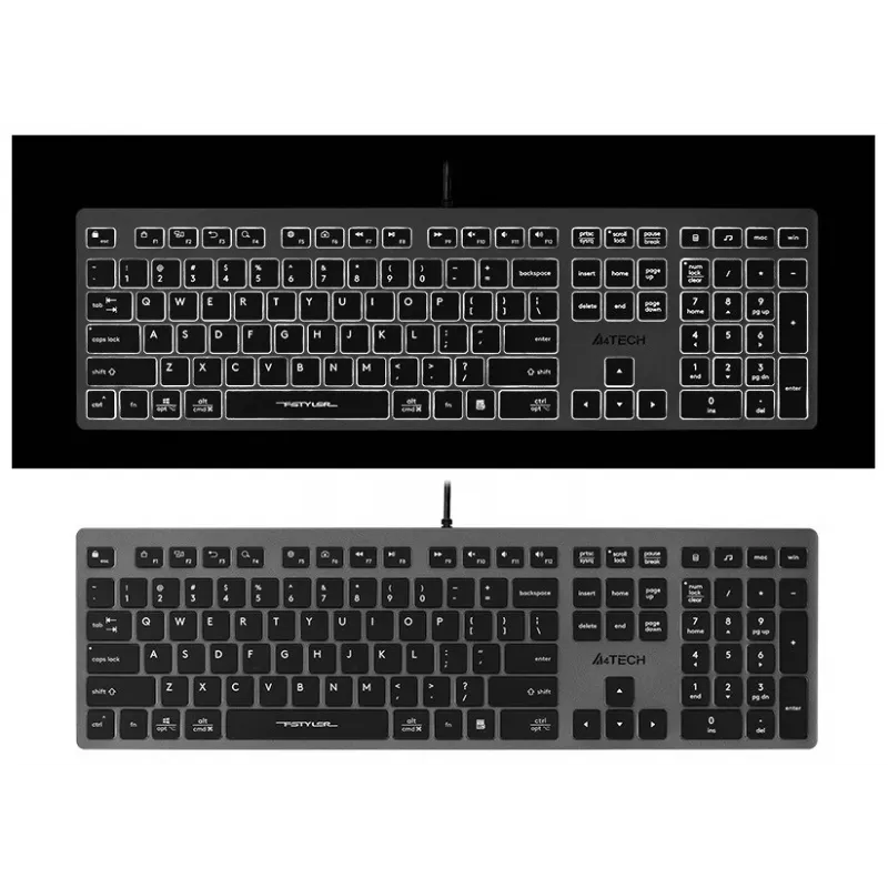 Laidinė A4Tech klaviatūra FX60H USB QWERTY — viso dydžio 100%, baltai apšviesta, pilka, USB šakotuvas