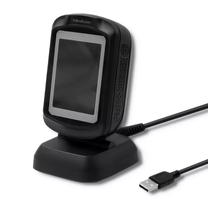 Fiksuotas 1D/2D brūkšninių kodų skaitytuvas QOLTEC 50864, LED jutiklis, USB laidinis, juodas, 145×85×80 mm