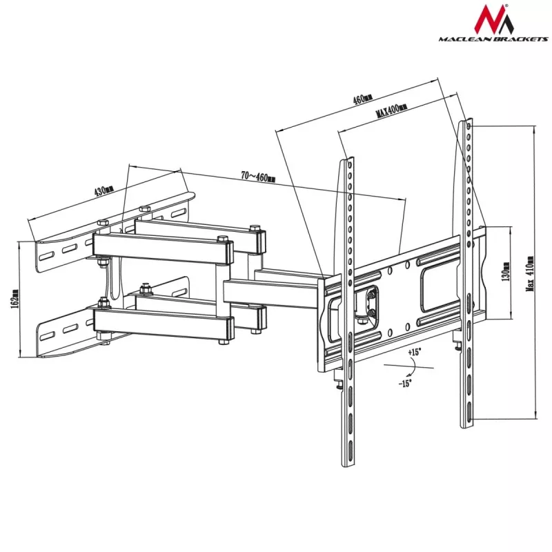 TV sieninis laikiklis MACLEAN MC-760 32–55 colių televizoriams, plieninis, VESA iki 400x400, 30 kg, juodas, 9,6–44,8 cm